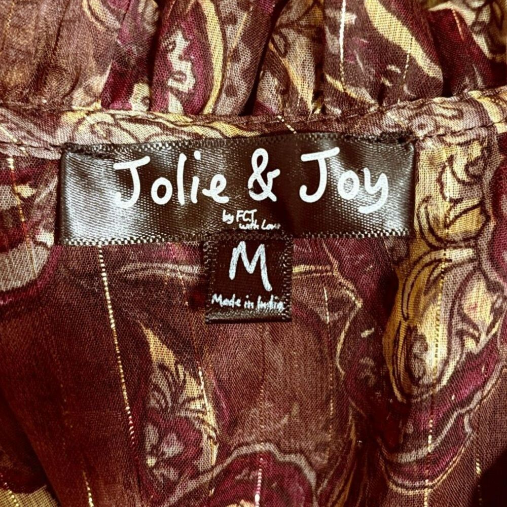 Jolie & Joy Sheer Boho Paisley Mini Dress Smocked Waist Burgundy Gold M - Picture 5 of 5